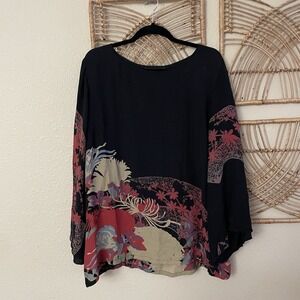 Citron Santa Monica Silk Fukure Tunic Top Blouse Asian Floral XL READ B22